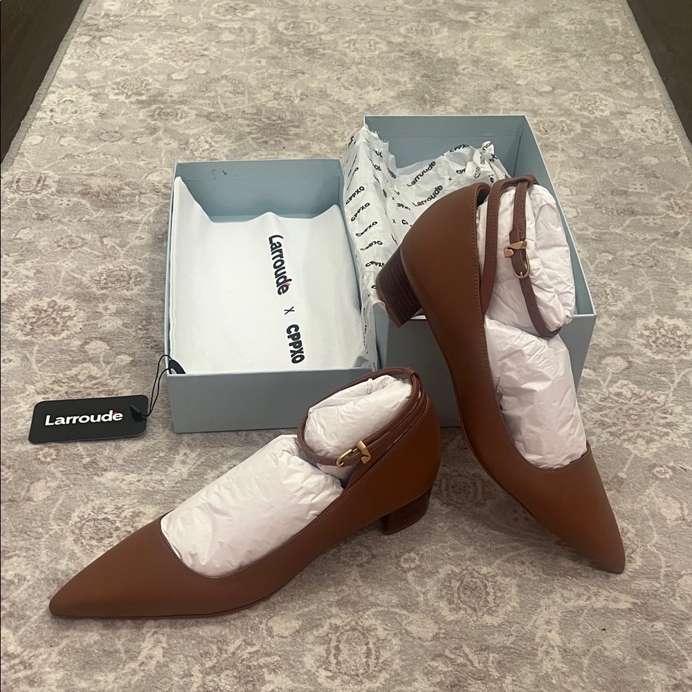 Larroude Tan Heels with Buckle Detail